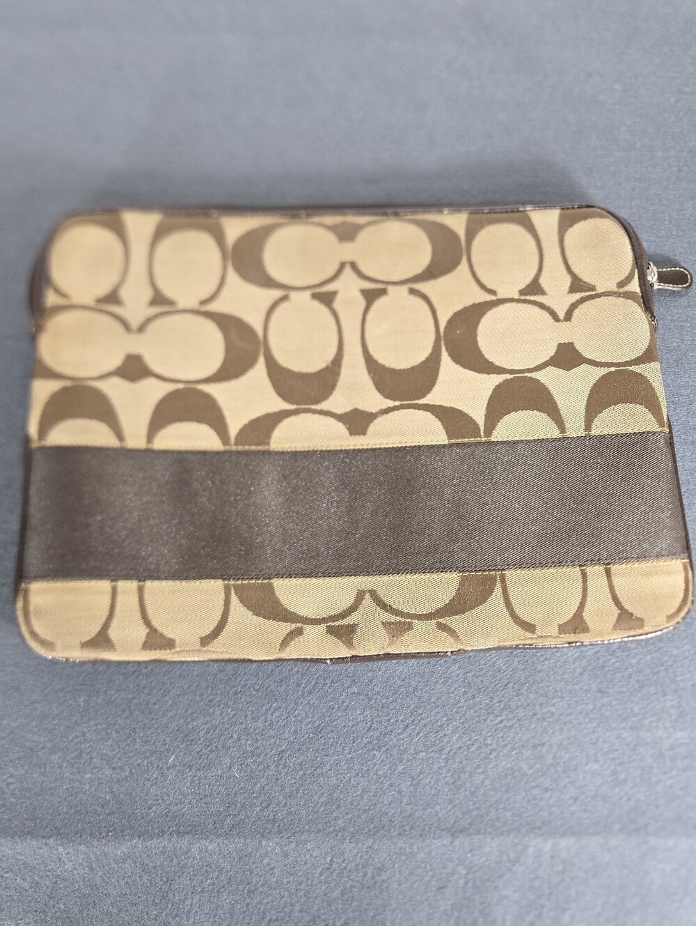 Coach Signature Brown Canvas Laptop Sleeve with Dark Brown Stripe